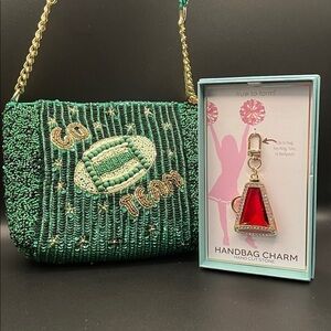 Green Beaded Go Team Football Beaded Shoulder Bag WITH Megaphone Charm